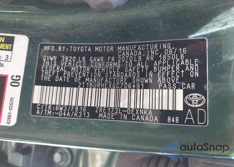 2016 Toyota Corolla Le from USA, damaged, VIN 2T1BURHEXGC706491